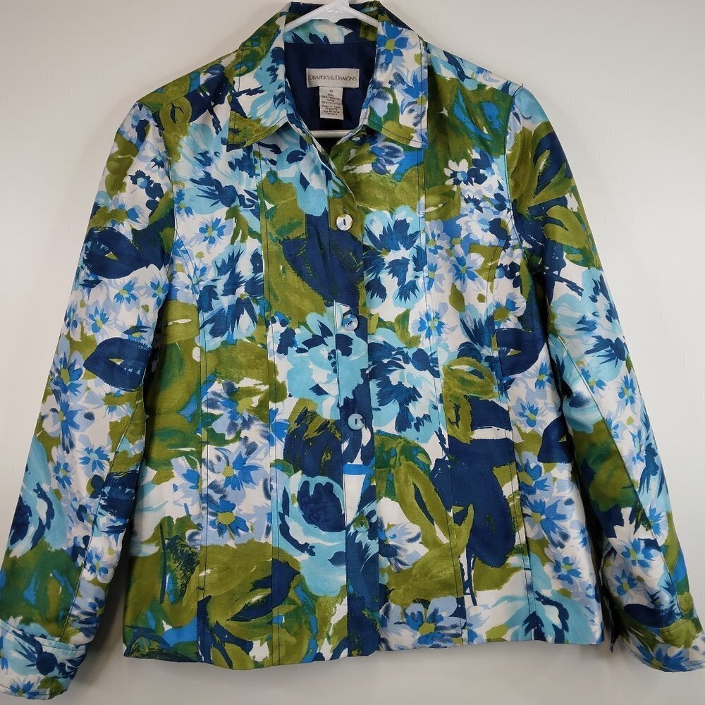 Draper & Damons Blue Floral Print Blazer Button Up Jacket Size 10